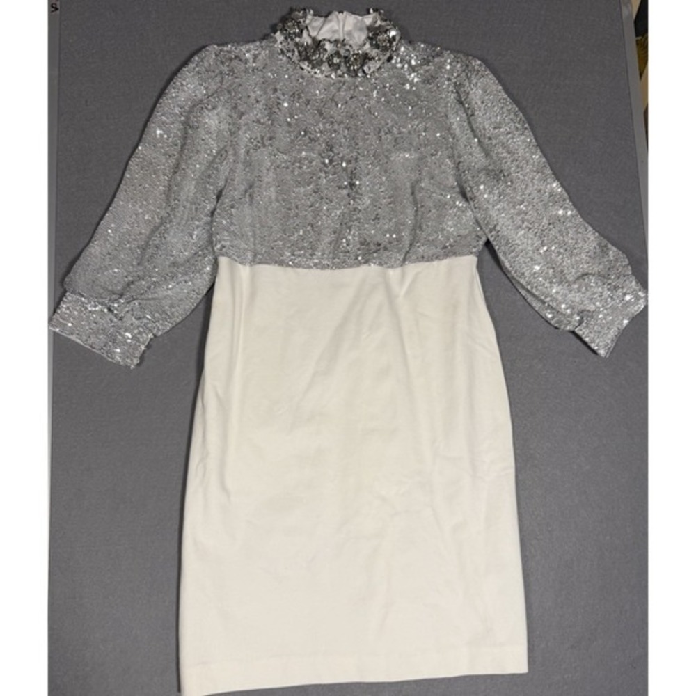 Boston Proper Silver and White‎ Sequined Sheath Cocktail Dress NWT Size 12